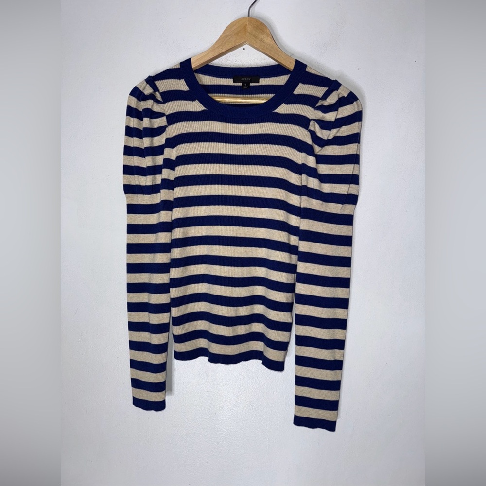 J Crew Puff-Sleeve Ribbed Sweater Silk Blend Striped Blue Tan Small